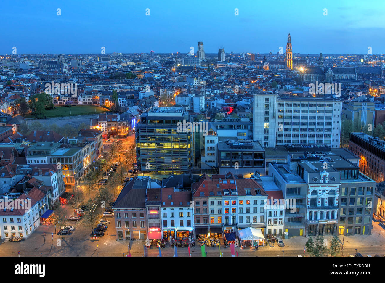 Blick über die Stadt Antwerpen in Belgien von der MAS Tower in der Dämmerung. Stockfoto