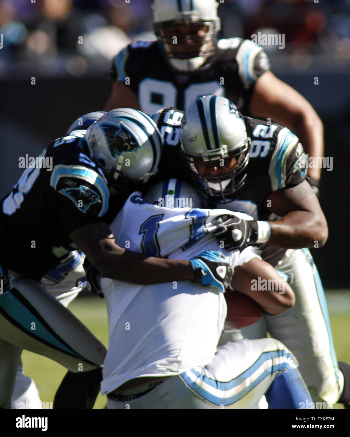 Carolina Panthers linebacker Thomas Davis (58) und defensiver Damione Lewis (92) gegen Detroit Lions quarterback Daunte Culpepper (11) Für einen 9-Yard-Verlust im ersten Quartal an der Bank von Amerika Stadium am 16. November 2008 in Charlotte, North Carolina. (UPI Foto/Bob Carey) Stockfoto