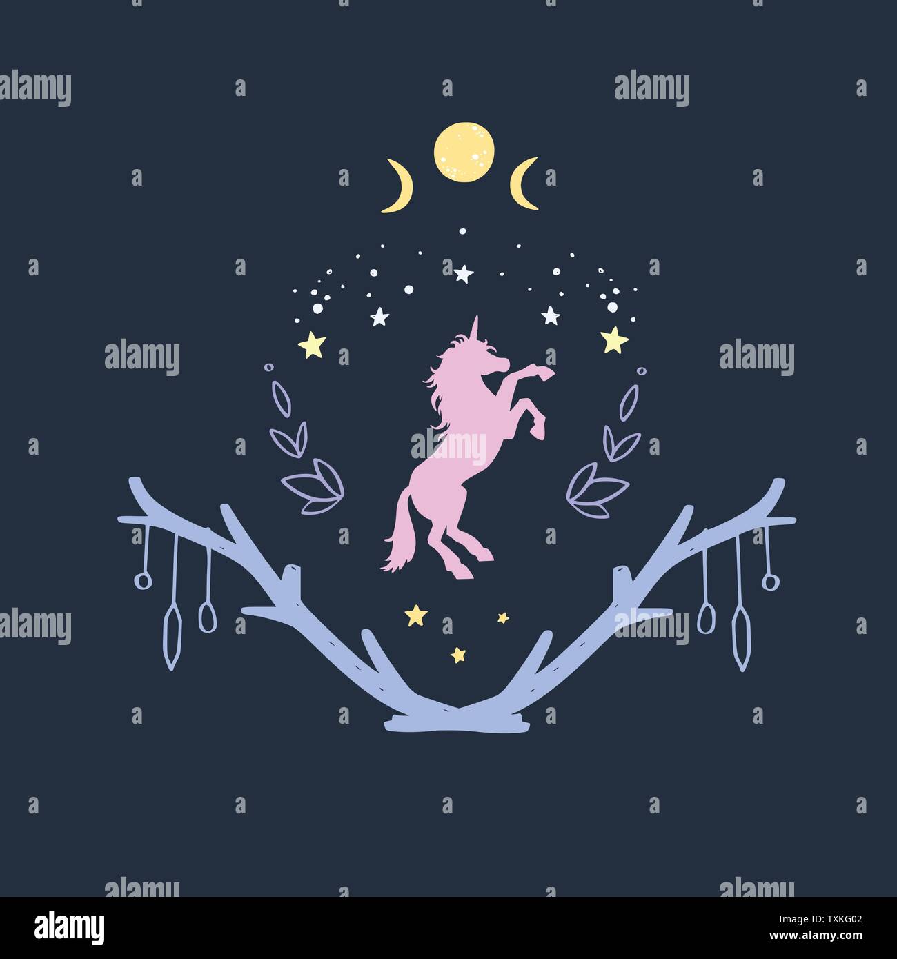 Einhorn in der Nacht mit Sternenhimmel und Mond. Fantasy Stil, magischen Wald traum Prinzipdarstellung, Tattoo Kunst Stock Vektor