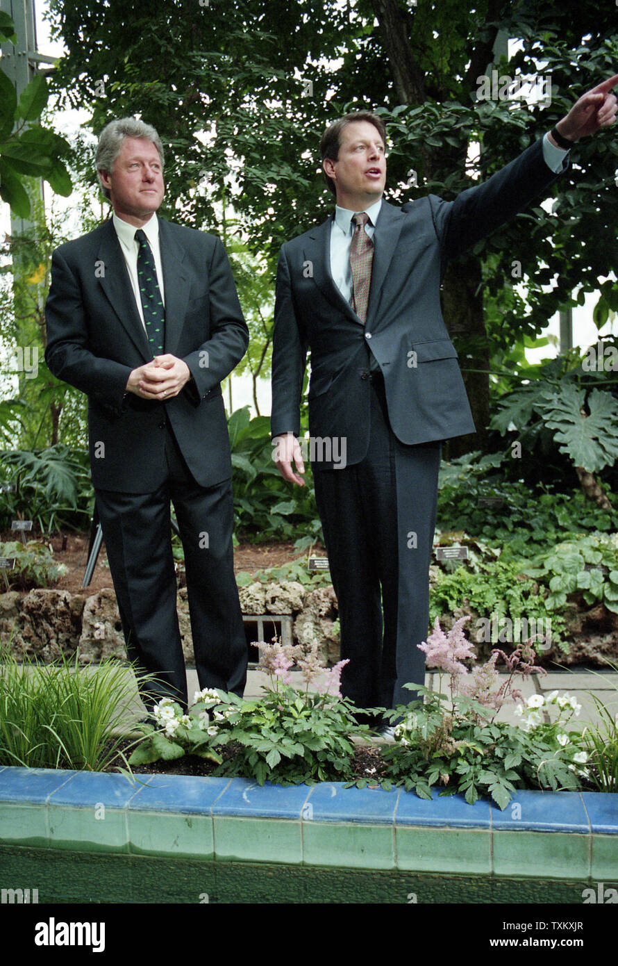 Us-Präsident Bill Clinton (L) und Vizepräsident Al Gore besuchen Sie die US-botanischen Garten in Washington am Earth Day, also am 21. April 1993. UPI Stockfoto