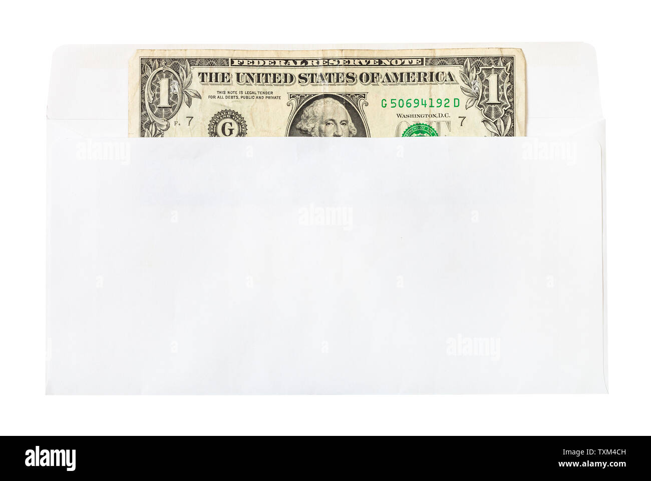 Single united states one-dollar Bill in der geöffneten Mail Umschlag auf weißem Hintergrund Stockfoto