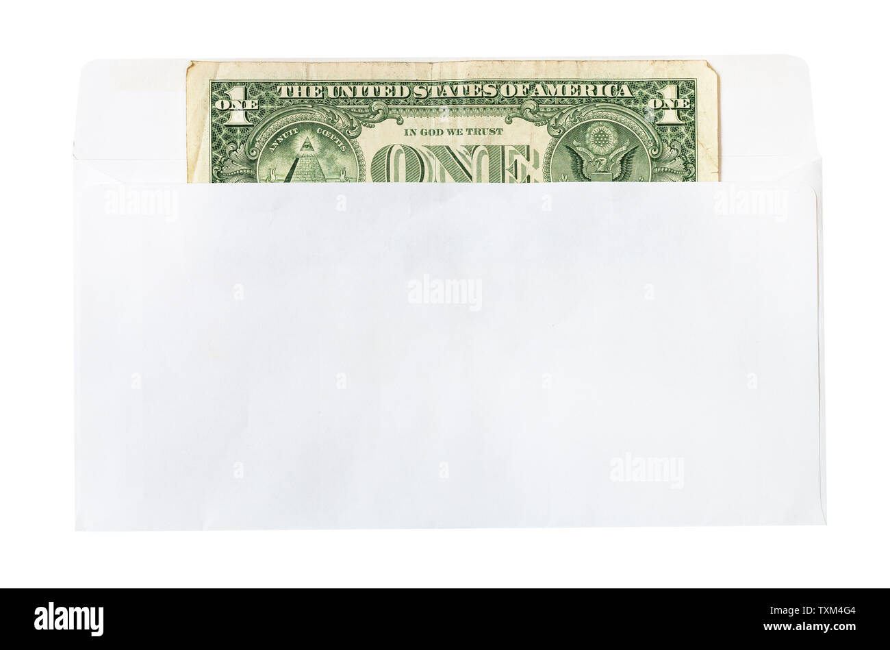 Man United States one-dollar Bill in der geöffneten Mail Umschlag auf weißem Hintergrund Stockfoto