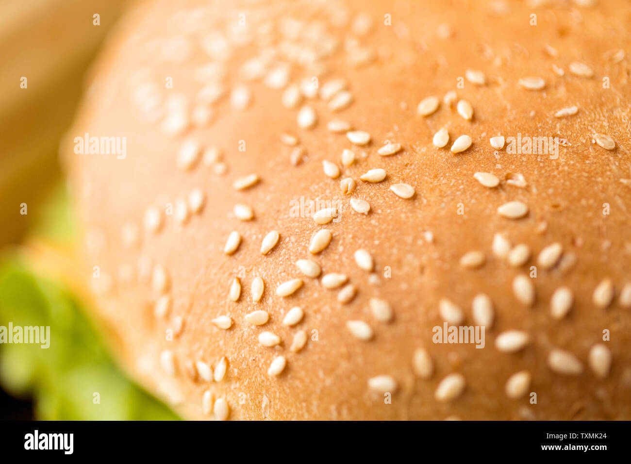 Nahaufnahme der Hamburger Brötchen Kruste mit Sesam Stockfoto