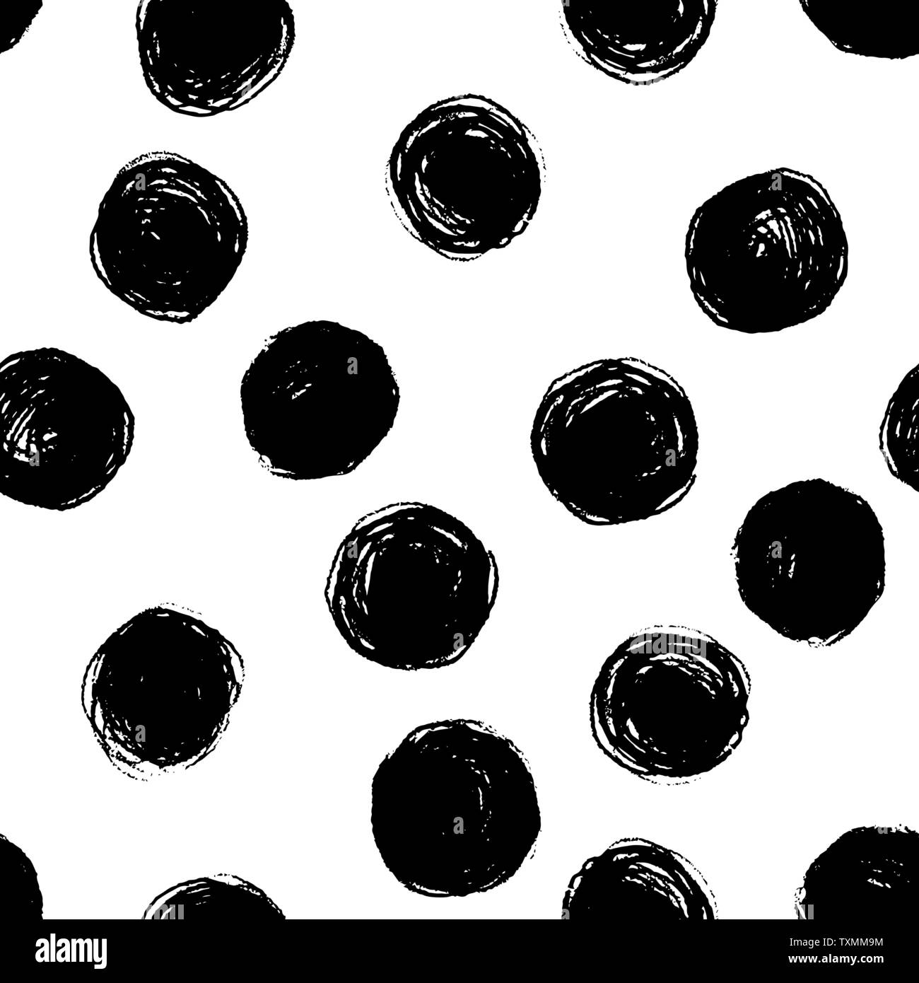 Vektor nahtlose Hand zeichnen Polka Dot Bürste schwarz-weißen Muster. Monochrome skandinavischen Hintergründe der einfachen Primitiven mit Punkten für textile Desig Stock Vektor