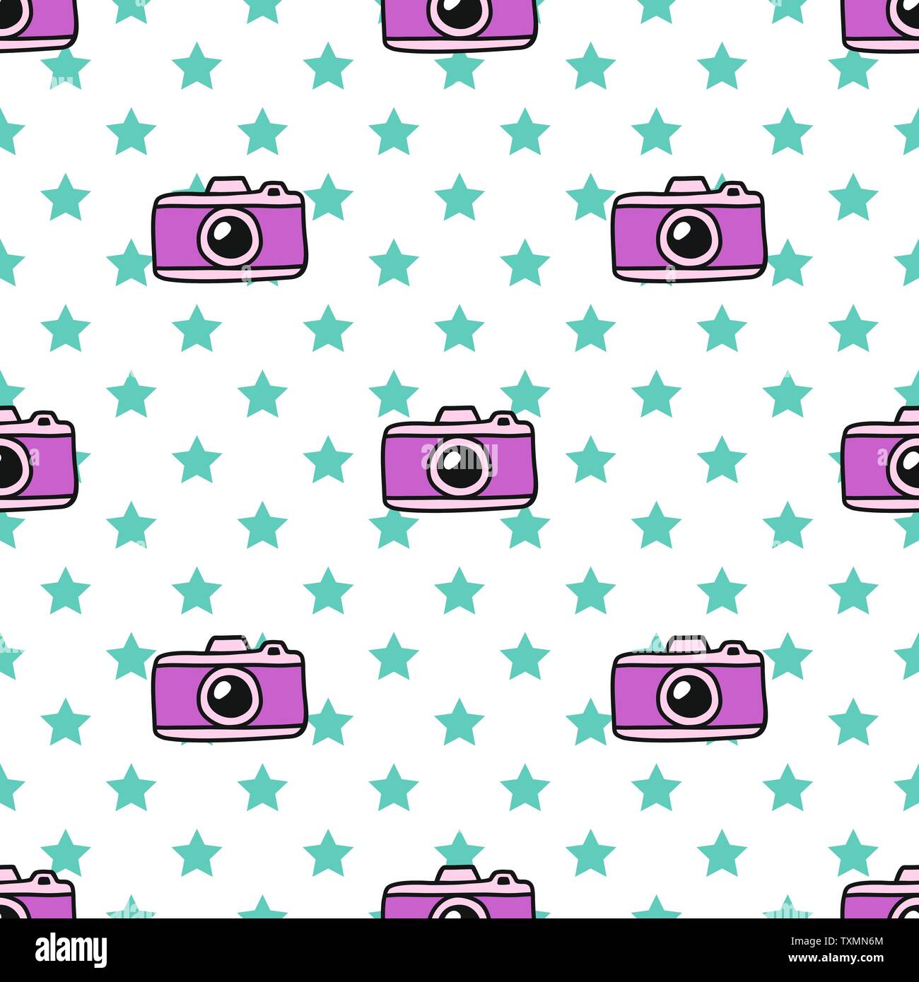 Hand zeichnen Kamera und die Sterne nahtlose Muster. Vektor bunte Endlose Hintergrund in Doodle Stil. Textur für den Druck auf Stoff, Geschenkpapier, t Stock Vektor