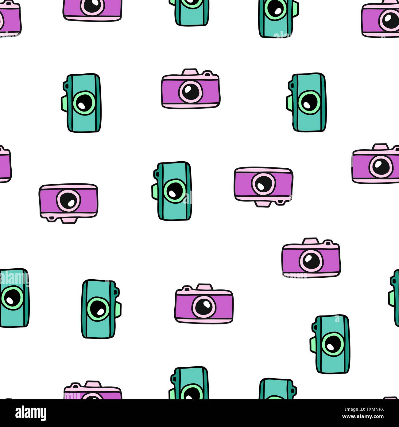 Hand zeichnen Kamera nahtlose Muster. Vektor bunte endlosen weißen Hintergrund im Doodle Stil. Textur für den Druck auf Stoff, Papier, Textilien, Stock Vektor