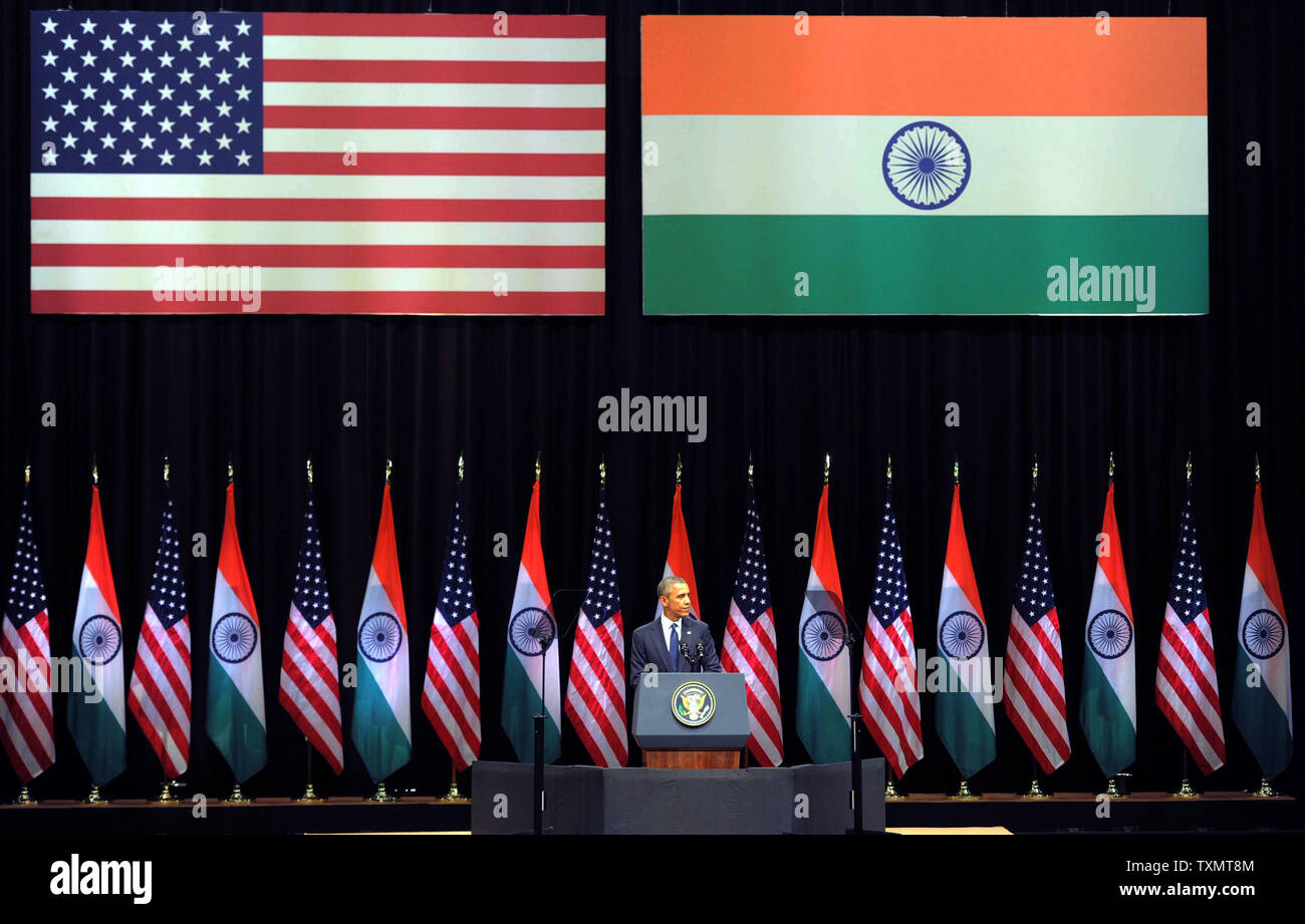 Us-Präsident Barack Obama seine Rede in der Siri Fort Auditorium in Neu Delhi am Dienstag, 27. Januar 2015. Obama zum Abschluss seiner dreitägigen Besuch nach Indien und Links New Delhi für Saudi-arabien. UPI Stockfoto
