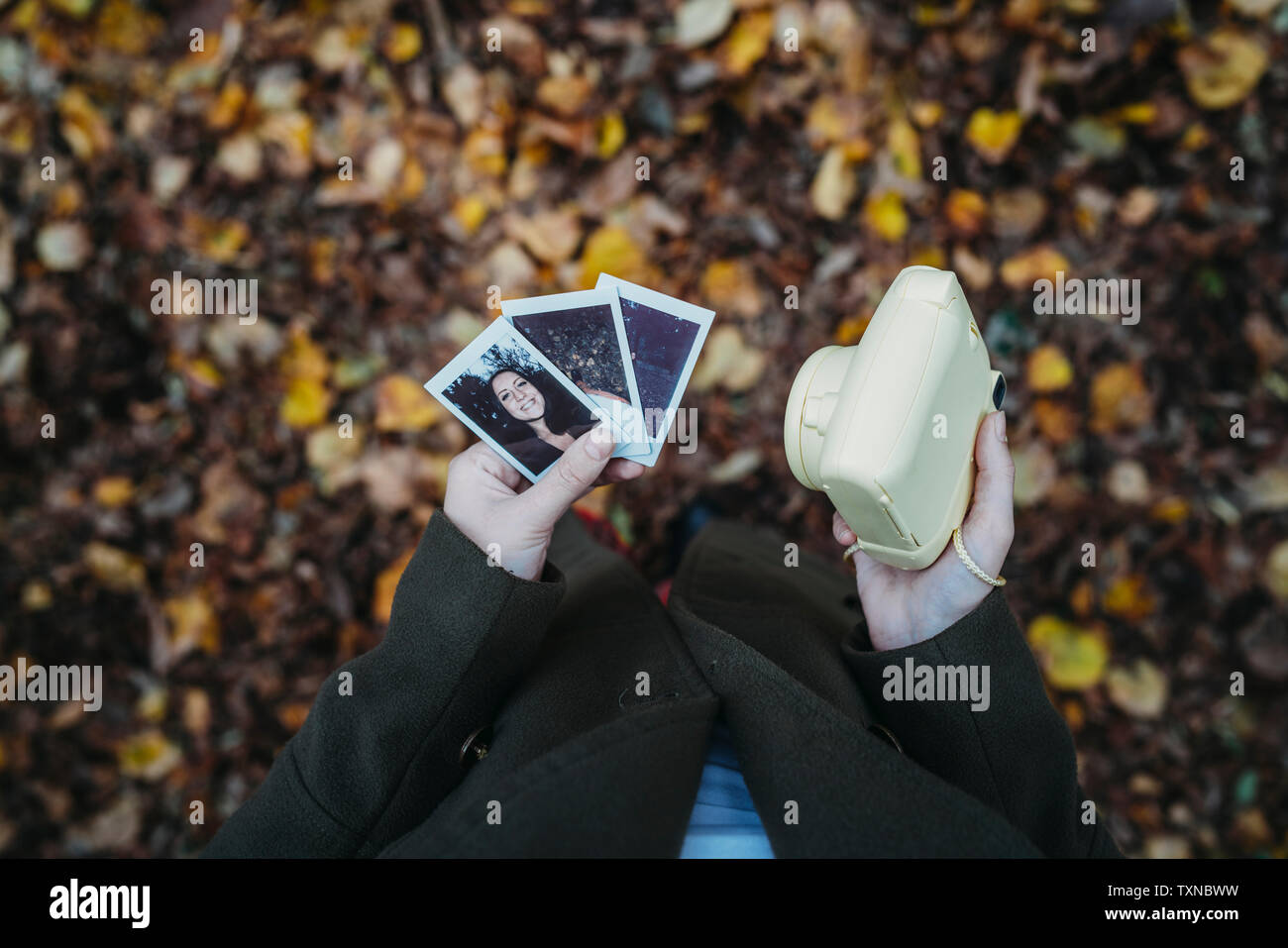 Junge Frau mit Fotos und Kamera im Herbst Park, Ansicht von oben Stockfoto