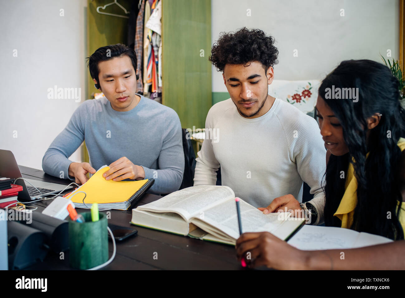 Junge Geschäftsfrau und Männer in informellen Forschung Tagung am Tisch Stockfoto