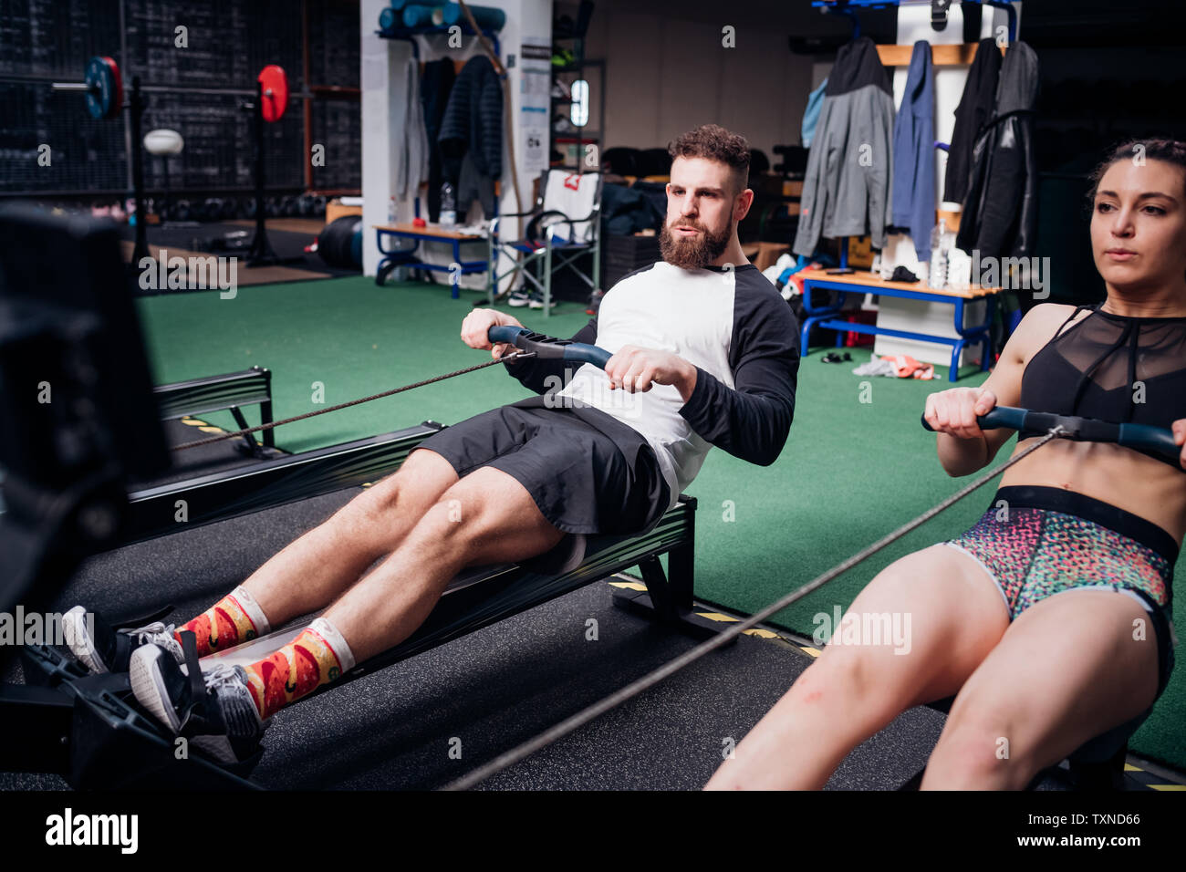 Junge Frau und Mann Training auf rudergeräten gemeinsam in der Turnhalle Stockfoto