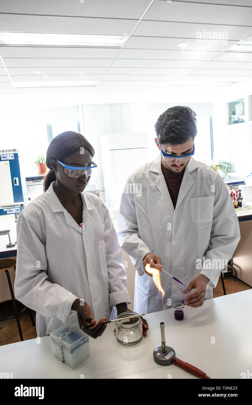 Jungen Wissenschaftlern und Wissenschaftlerinnen mit Pipette und Bunsenbrenner im Labor experimentieren Stockfoto