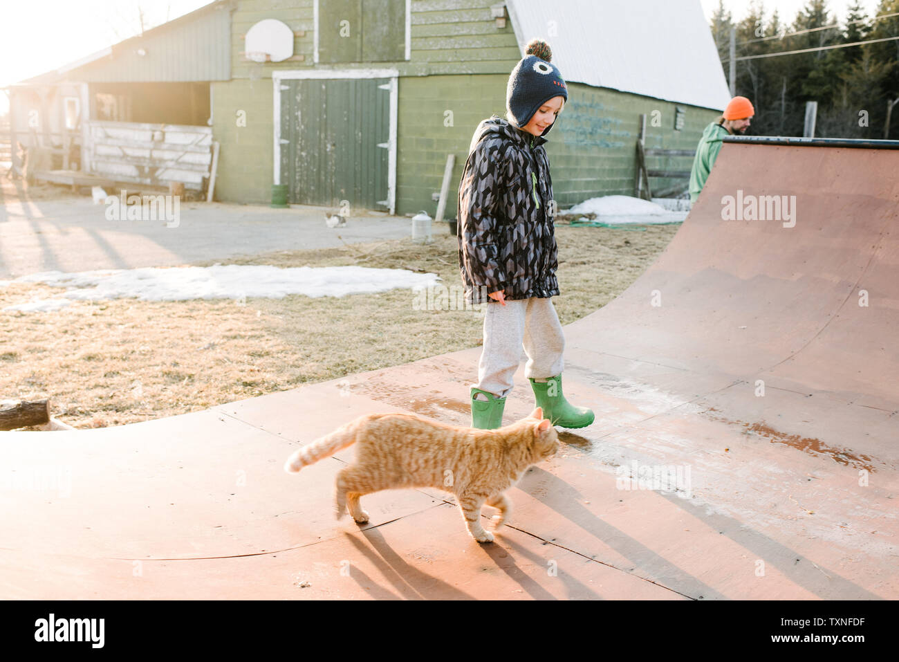 Junge mit Katze auf dem Hof Skateboard-rampe suchen Stockfoto