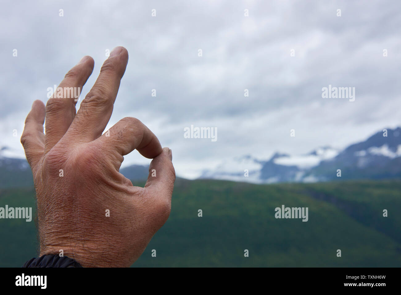 Mann, OK Anmelden Berglandschaft, Nahaufnahme einer Hand, Valdez, Alaska, USA Stockfoto