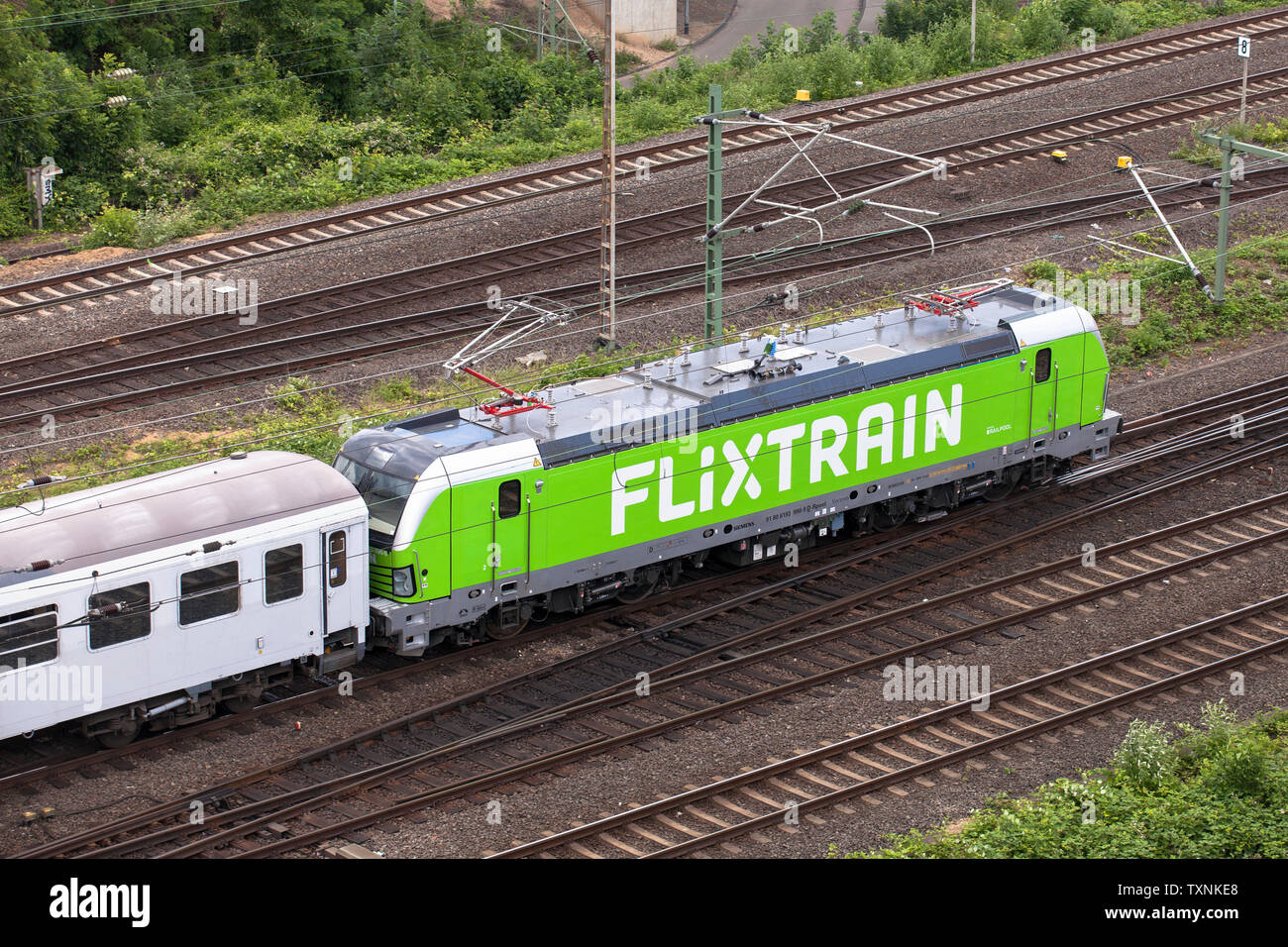 Flixtrain der Firma Flixmobility im Stadtteil Deutz, Köln, Deutschland. Flixtrain des Betreibers Flixmobility im Stadtteil Deutz, Köln, Stockfoto