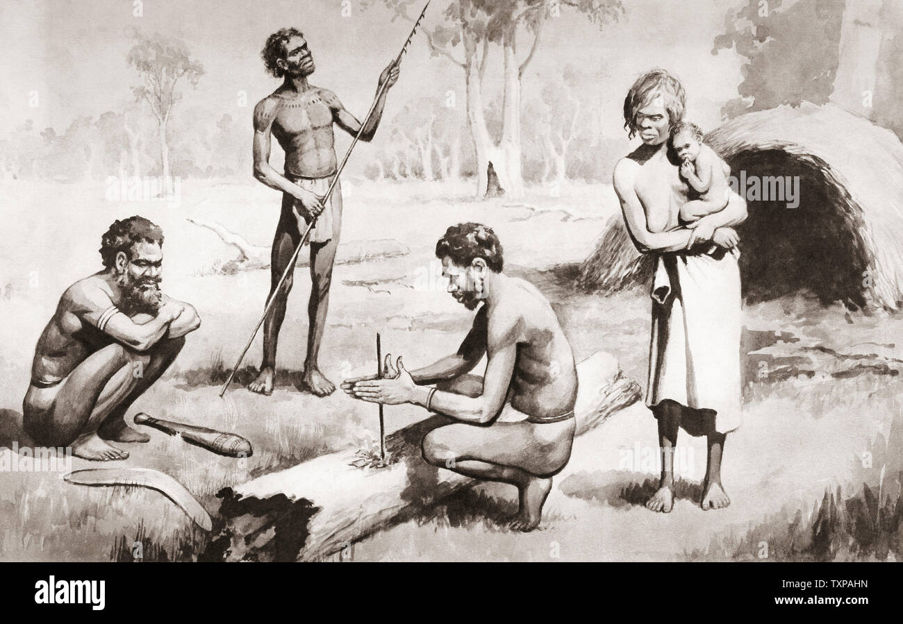 Australischen Aborigines Feuer machen. Von einer zeitgenössischen Drucken, c 1935. Stockfoto