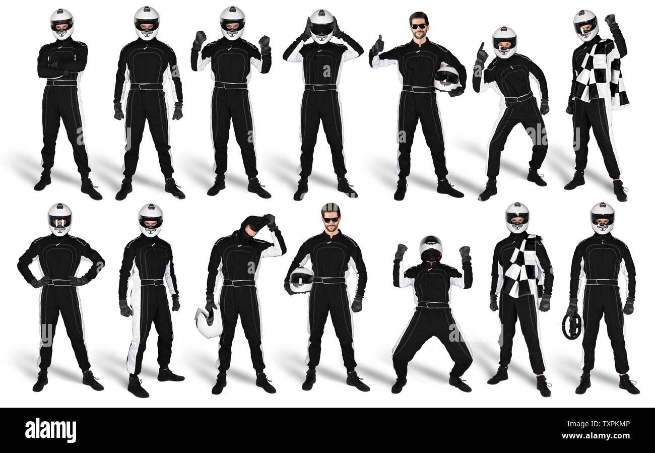 Set Sammlung von Race Driver mit schwarzen Insgesamt saftey Sturzhelm und karierten Zielflagge auf weißem Hintergrund. motorsport Autorennen Stockfoto