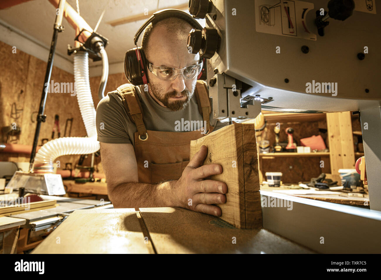 Porträt eines Zimmermanns innerhalb seiner Schreinerei mit einer Bandsäge. Ohr und Augenschutz Stockfoto