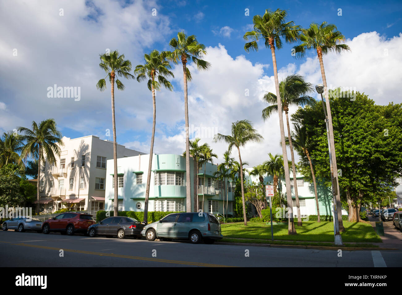 Typischen bunten Art Deco Architektur mit tropischen Palmen liegt in einer ruhigen Wohnstraße in South Beach, Miami, Florida Stockfoto