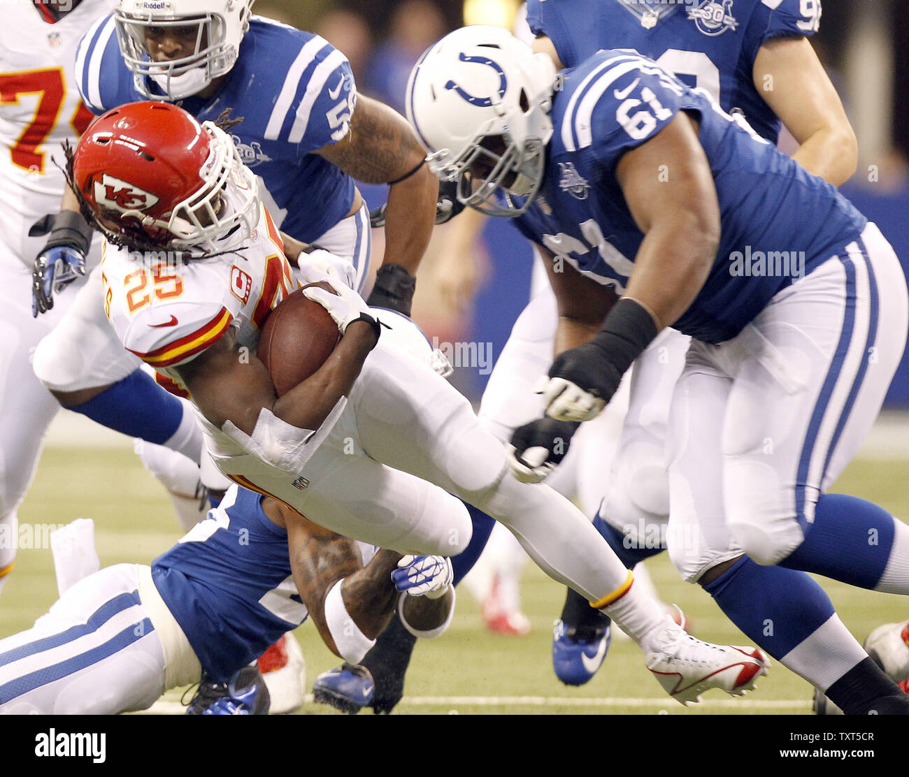 Indianapolis Colts Greg Toler (28), derrell Freeman (50) und Jeris Pendleton (61) Bekämpfung der Kansas City Chiefs zurück laufen Jamaal Charles (25) Im ersten Quartal ihre AFC Wild-Card Endspiel Spiel von Lucas Oil Field in Indianapolis am 4. Januar 2014. UPI/Mark Cowan Stockfoto