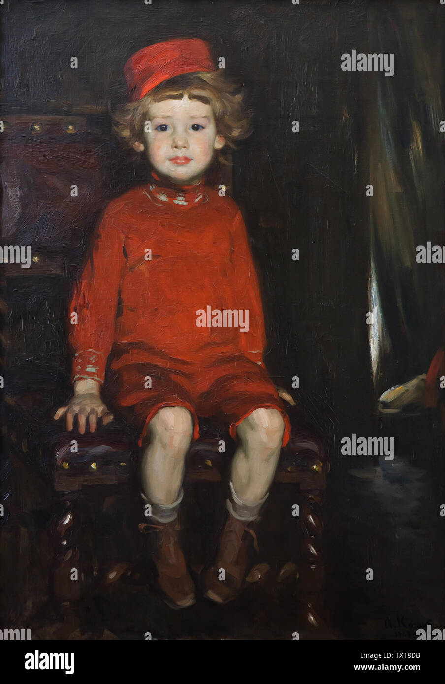Gemälde "Junge in Rot" von Deutschen impressionistischen Malers Arthur Kampf (1907) auf dem Display in der Alten Nationalgalerie (Alte Nationalgalerie) in Berlin, Deutschland. Stockfoto