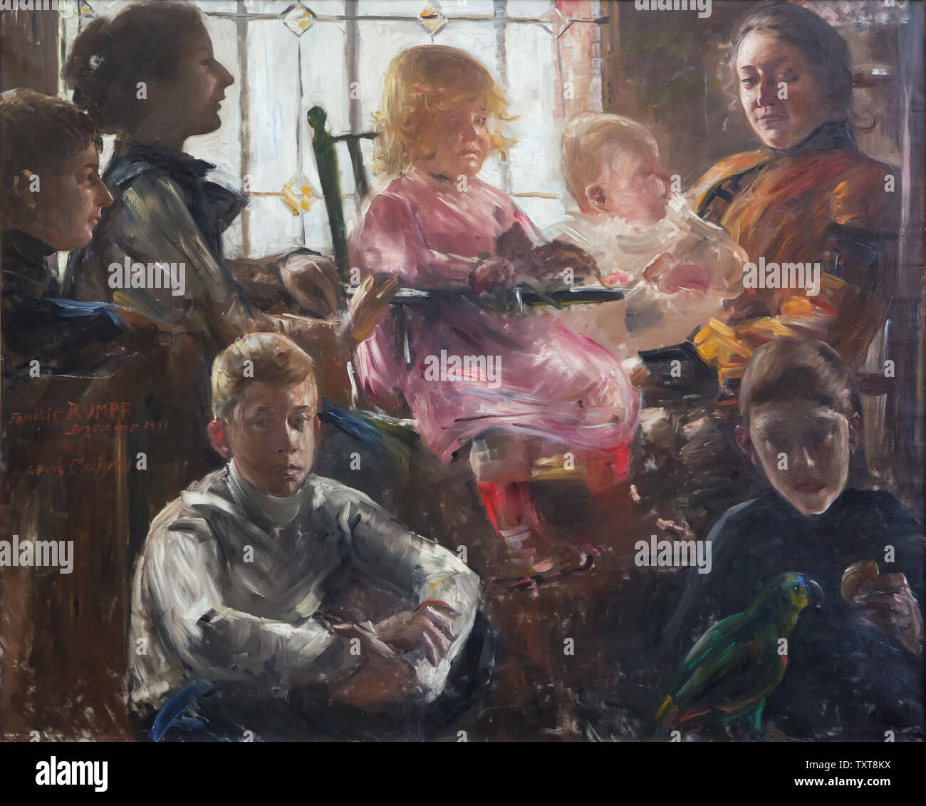 Gemälde "Der Familie des Malers Fritz Rumpf" von Deutschen impressionistischen Maler Lovis Corinth (1901) auf der Anzeige in der Alten Nationalgalerie (Alte Nationalgalerie) in Berlin, Deutschland. Stockfoto