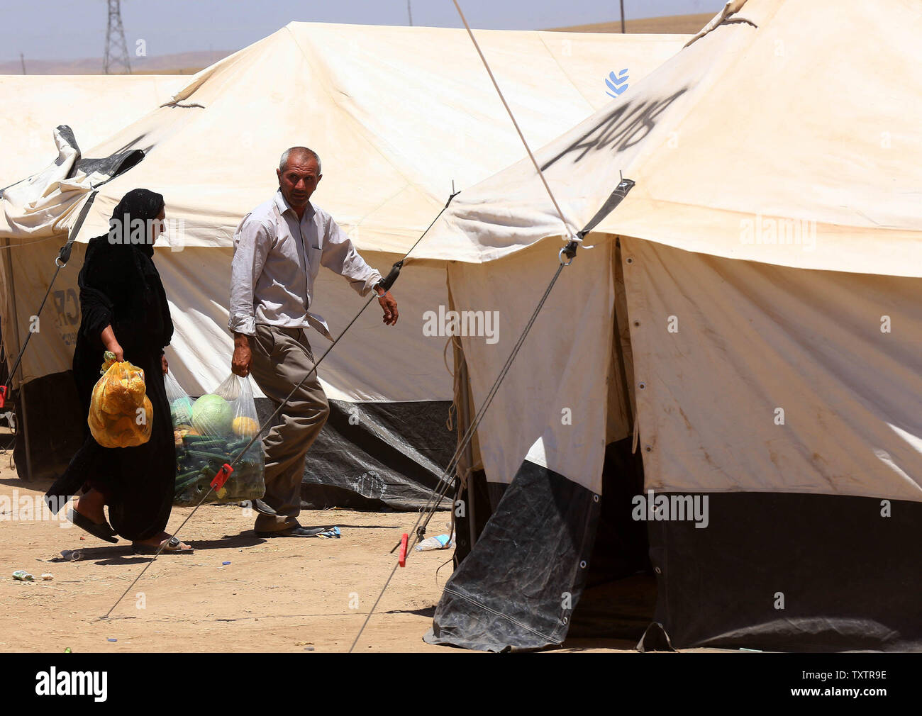 Irakischen Vertriebenen erhalten Lebensmittel aus einem irakischen Hilfsorganisation, innerhalb des Khazer Flüchtlingslager am Stadtrand von Arbil, in der Irakischen Region Kurdistan, 16. Juni 2014. Zehntausende Menschen wurden in der irakischen Stadt Mossul geflohen, nachdem es von ISIS (Islamischer Staat im Irak und Syrien) Kämpfern überrannt wurde. Viele wurden vorübergehend an verschiedenen IDP-Camps rund um die Region, einschließlich des Bereichs in der Nähe von Erbil untergebracht, wie Sie die Sicherheit der in der Nähe der kurdischen Region zu geben Hoffnung. UPI/Ceerwan Aziz Stockfoto