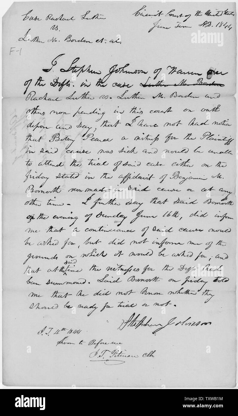 Eidesstattliche Erklärung von Stephen Johnson im Fall von Rachel Luther v. Luther Borden, et al; Umfang und Inhalt: Dieses Dokument wird von einem Anzug für Übertretung gegen eine Gruppe von Rhode Island State Miliz, die unter Kriegsrecht handelt, in das Haus von Martin Luther, Rachel Luthers Sohn brach mitten in der Nacht wurden die Räumlichkeiten durchsucht und bedrohten Rachel Luther. Rachel Luther erhoben, dass die Charta die Regierung das Kriegsrecht proklamiert nicht die gesetzliche Regierung wurde von Rhode Island. Die straftaeter geltend, daß die Erklärung des Kriegsrechts legal war und dass die Waren, die unter der Aufträge Stockfoto