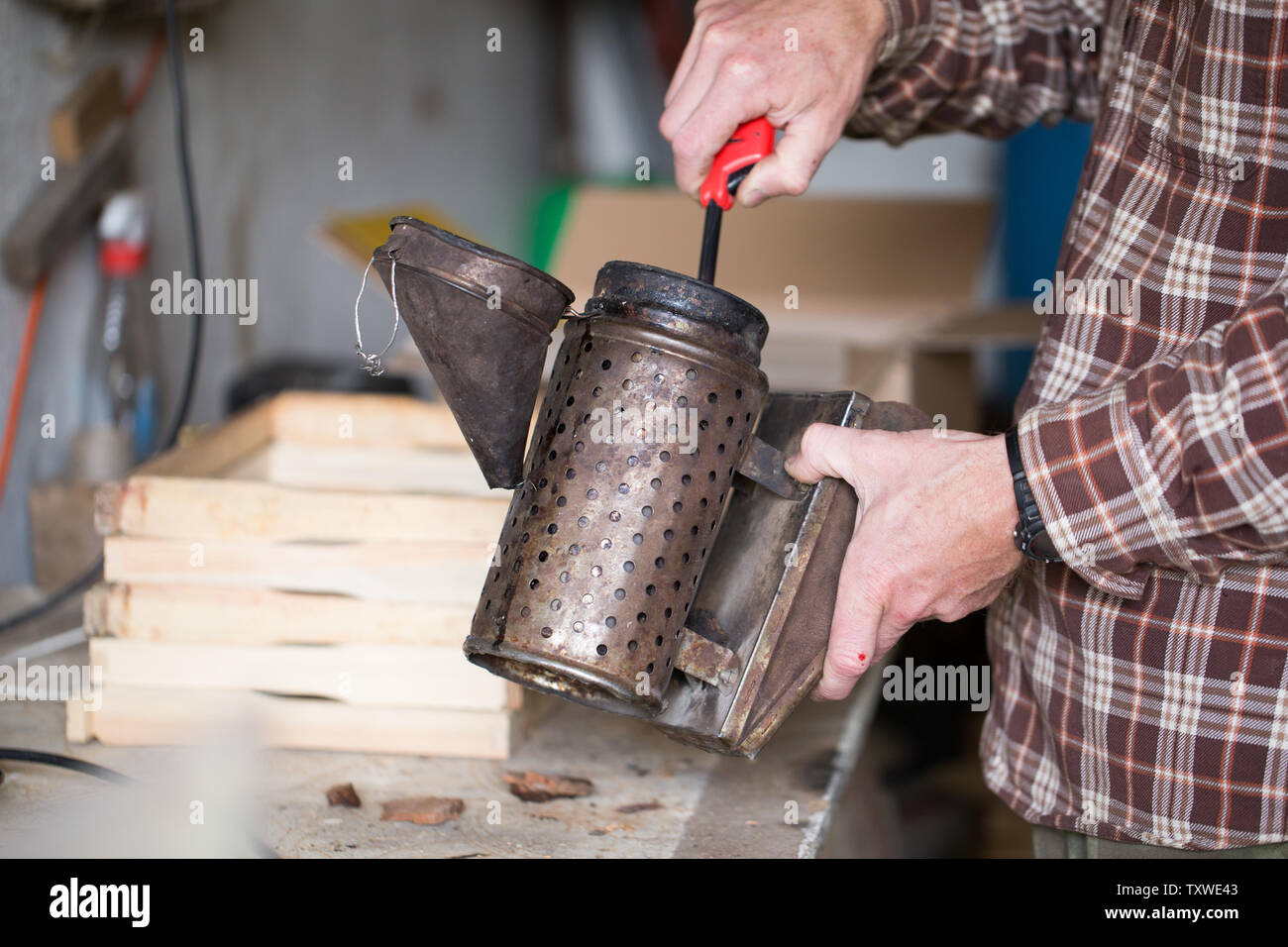 Die begasung von Bienen - ein Gerät für die Herstellung von Rauch, die in der Bienenzucht während der honiggewinnung verwendet Stockfoto