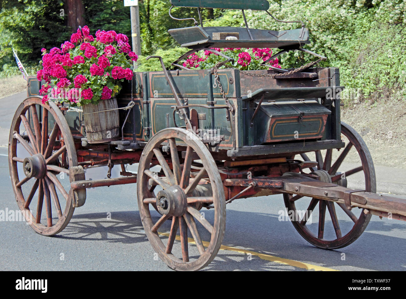 Ein Jahrgang von Pferden gezogene Wagen mit Körben von roten Blumen geschmückt. Stockfoto