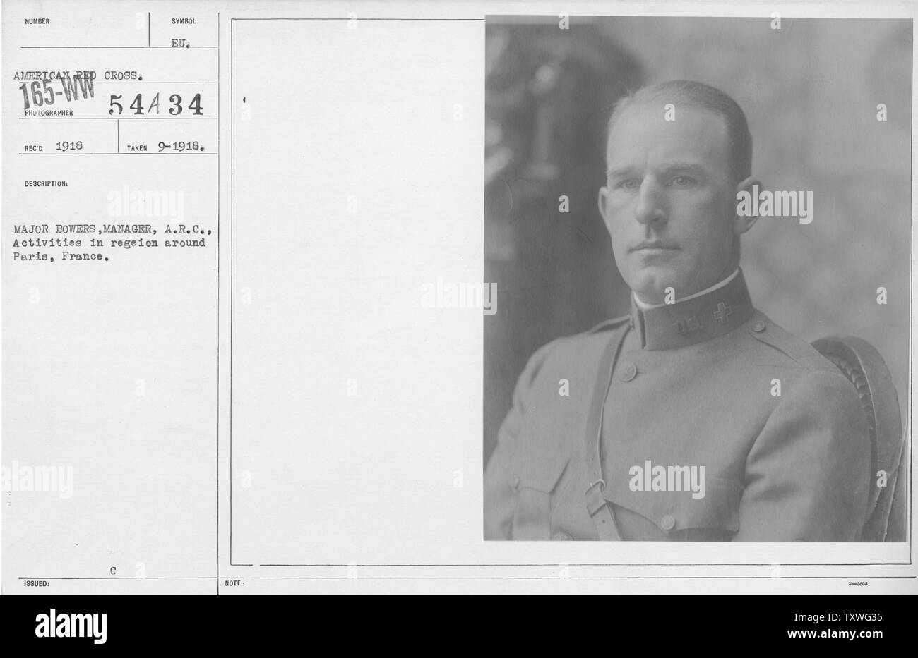 Das amerikanische Rote Kreuz - A bis D-Dur Bowers, Manager, A.R.C.; Aktivitäten in der Region um Paris, Frankreich; Umfang und Inhalt: Datum: 09/0/1918 Fotograf: Amerikanisches Rotes Kreuz Stockfoto