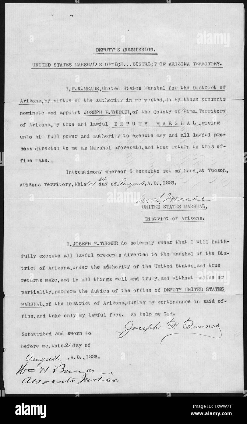 Ernennung und Amtseid für Joseph F. Turner als stellvertretender Marschall im Gebiet von Arizona. Stockfoto