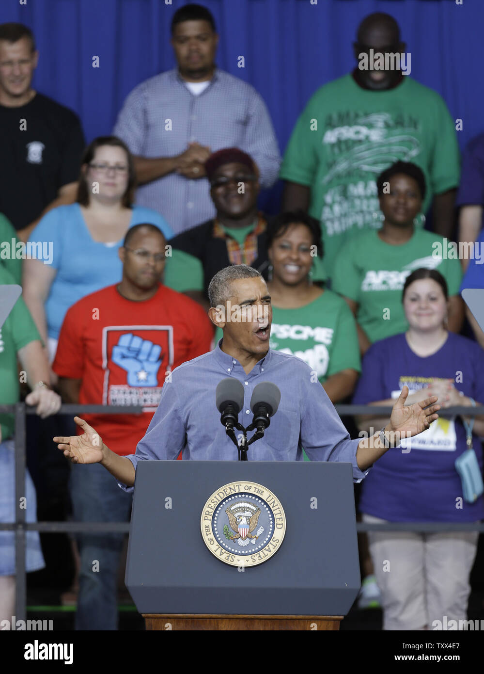 Us-Präsident Barack Obama spricht an Laborfest bei Henry Maier Festival Park am 1. September 2014 in Milwaukee. UPI/Jeffrey Phelps Stockfoto