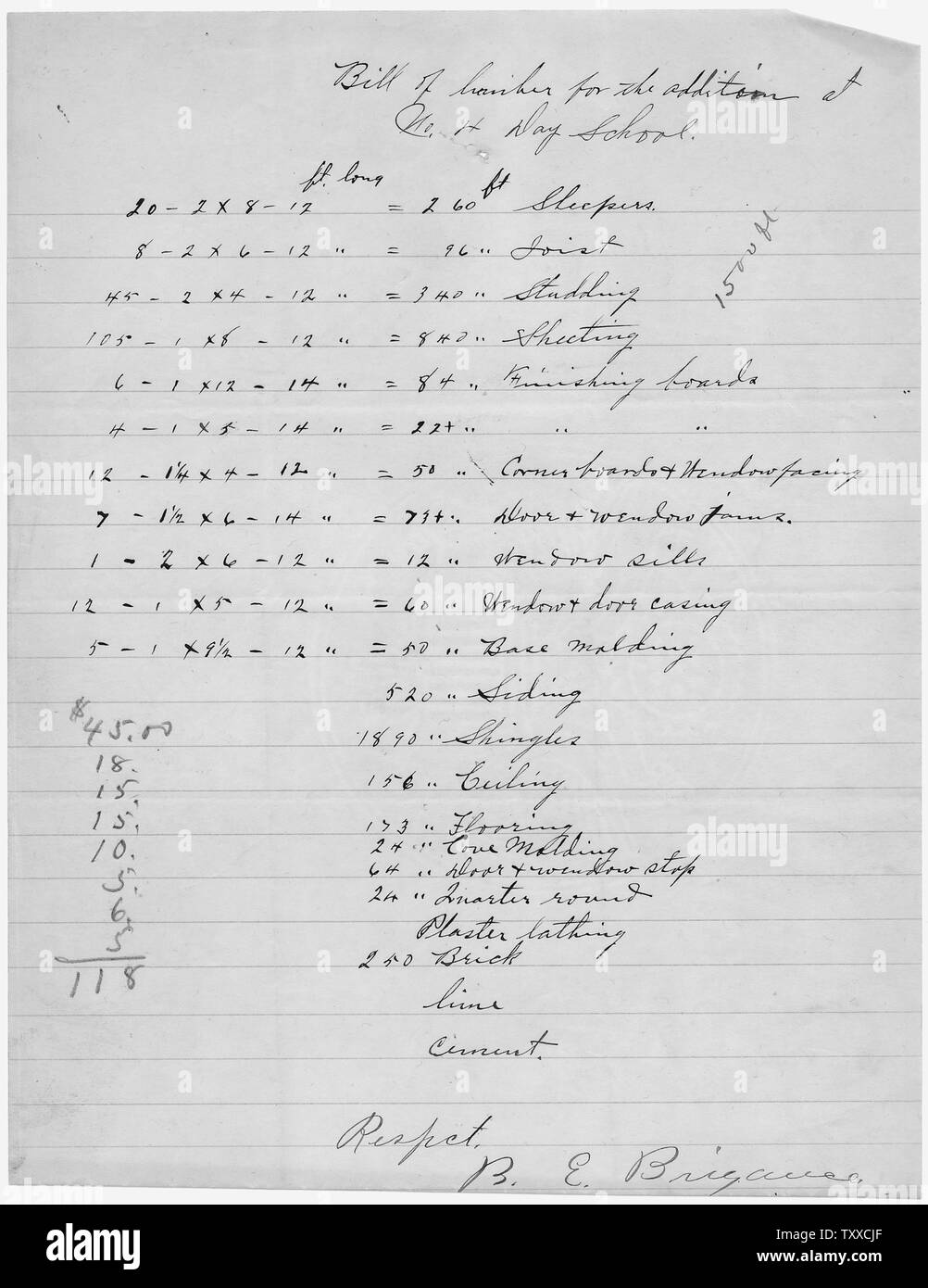 Bill von Bauholz für den Zusatz an Nr. 4 Tag Schule. Stockfoto