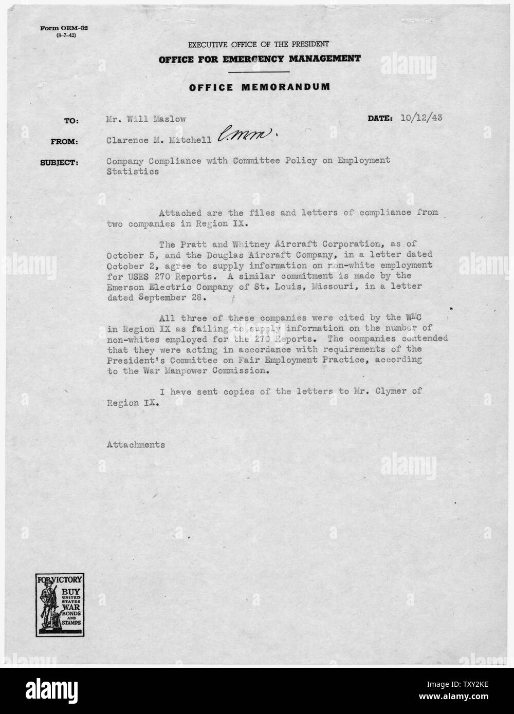 Fälle geschlossen [Pratt und Whitney]: Memorandum von Clarence M.Mitchell wird Maslow; Umfang und Inhalt: Anschreiben, um Dateien und Briefe von Compliance begleiten. Stockfoto