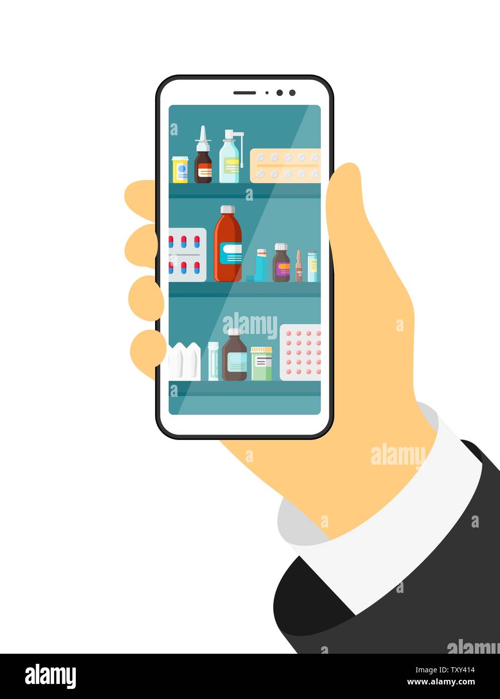 Online mobile medizinische. Hand mit Smartphone mit Apotheke Medizin app. Pillen Kapseln Tabletten Flaschen Vitamine und Innenräume auf den Regalen in Stock Vektor