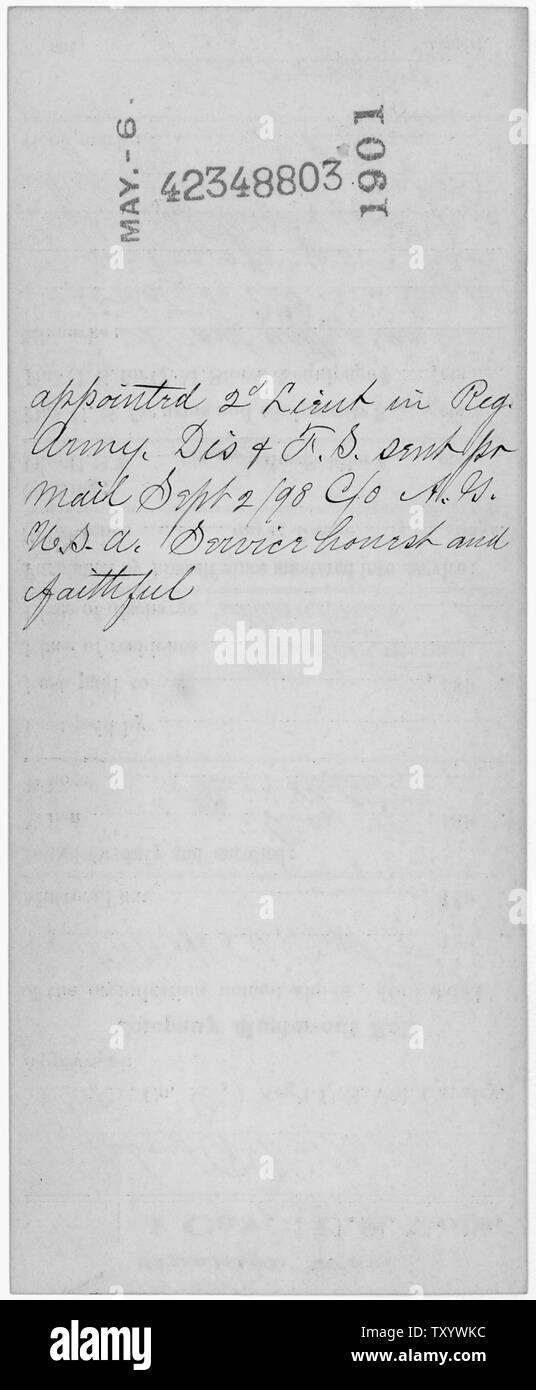 Kompilierte Militärdienst Rekord von Robert R. Wallack, dokumentieren im 1 US Freiwillige Kavallerie (Rough Riders) während des spanisch-amerikanischen Krieges.; Allgemeine Hinweise: Beachten Sie, dass nur ein Teil der Gegenstände aus diesem kompiliert Militärdienst Datensatz digitalisiert wurden und online zur Verfügung gestellt. Stockfoto