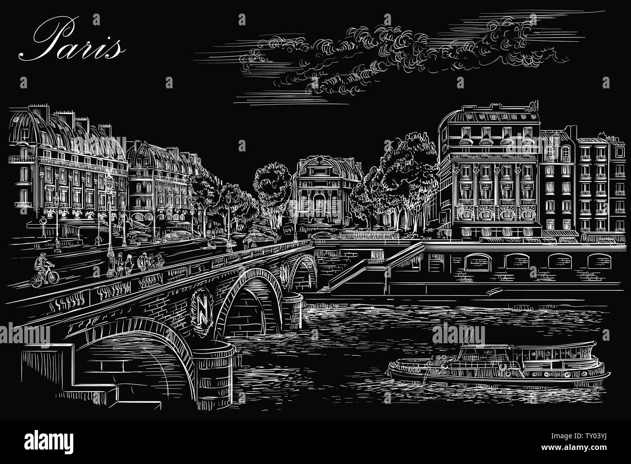 Vektor hand Zeichnung Abbildung von Pont Saint Michel Brücke (Paris, Frankreich). Wahrzeichen von Paris. Stadtbild mit Saint Michel Brücke und Pariser Straße. Stock Vektor