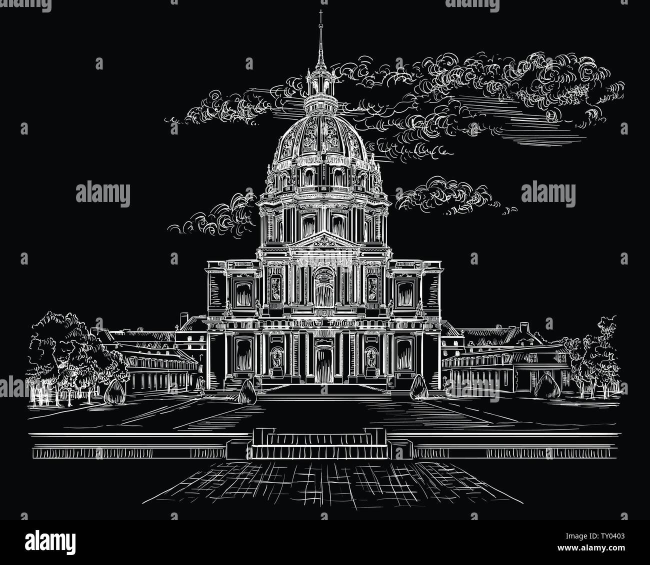 Vektor hand Zeichnung Abbildung der Nationalen Residenz der Invaliden (Paris, Frankreich). Wahrzeichen von Paris. Stadtbild mit nationalen Residenz der In Stock Vektor