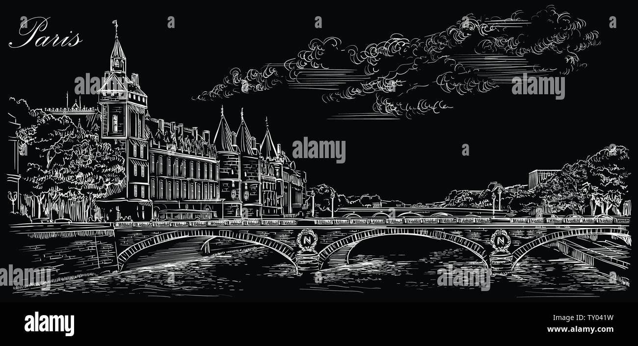 Vektor hand Zeichnung Abbildung: Das Schloss von Conciergerie (Paris, Frankreich). Wahrzeichen von Paris. Panoramablick auf das Stadtbild mit Conciergerie und Saint Mi Stock Vektor