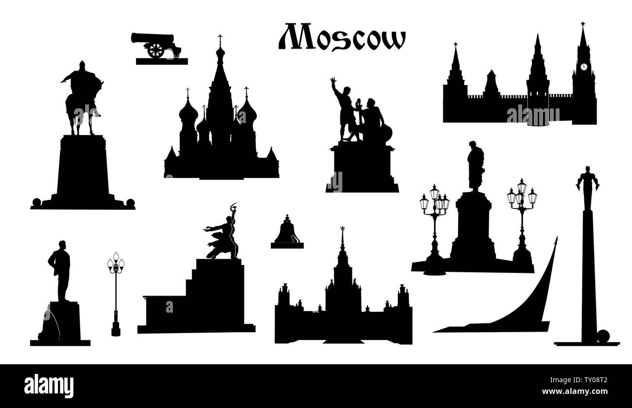 Symbol der Stadt Moskau, Russland. Touristische Sehenswürdigkeiten. Russische bekannte Orte und Denkmäler in Moskau. Reisen Russland Designelemente. Stock Vektor