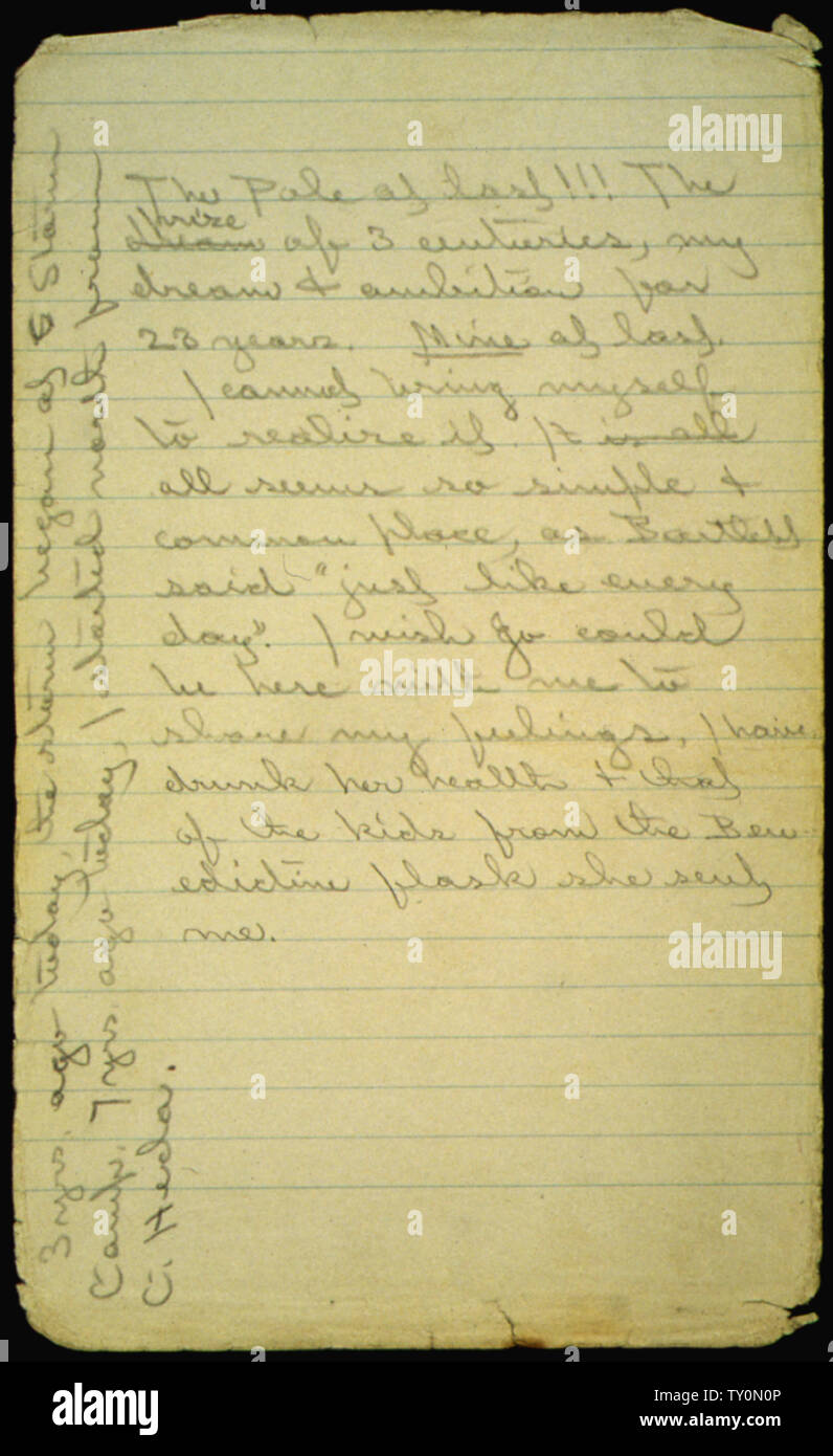 Tagebuch von Robert E. Peary; Umfang und Inhalt: Explorer Robert E. Peary war er die erste Person den Nordpol zu erreichen. Peary behaupteten, dass er und seine Partei den Nordpol am 6. April 1909 erreicht. Zweifel an dieser Behauptung fast sofort. Einige Experten behaupten, dass Peary kann die Stange um mehr als 50 Meilen verpasst haben, während andere nicht einverstanden sind. Einzelpersonen, die Peary's Aussage zu verifizieren sind auf seine eigenen Aufzeichnungen der Polaren Expeditionen gezogen. Während seiner früheren Polarexpeditionen, Peary entwickelt ein Relais System der Kreuzung große Distanzen über das Eis: wegweisende Parteien Stockfoto