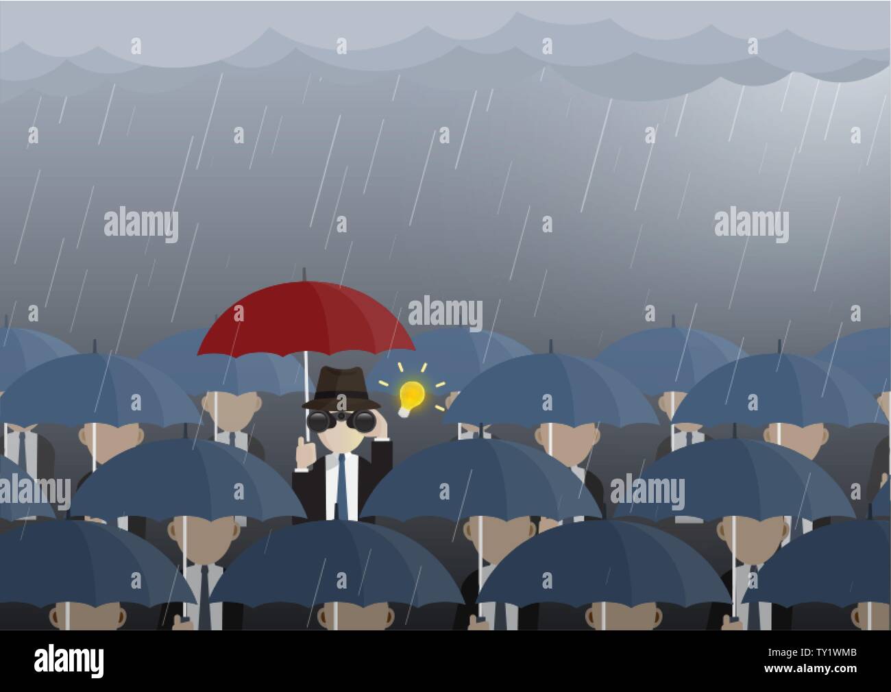 Business Mann schaut durch ein Fernglas im Regen erwischt, die Ideen haben. Vector Illustration Vision, Problemlösung, leadershship Konzept. Stock Vektor