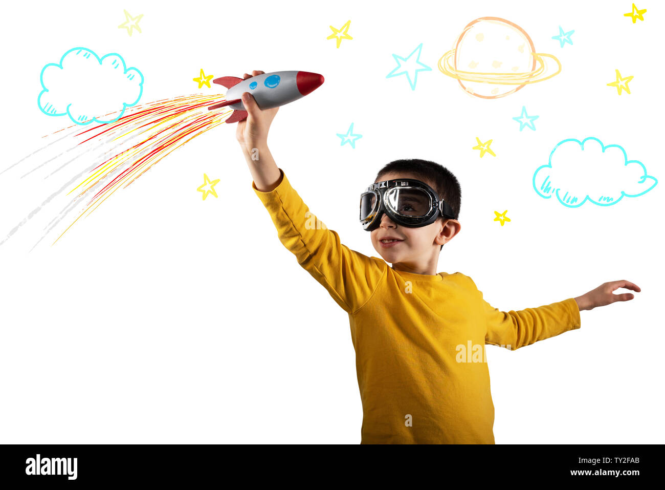 Kind spielt mit einer Rakete. Konzept der Phantasie. Auf weissem Hintergrund Stockfoto