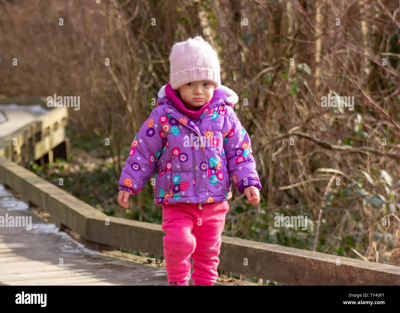 21 Monate altes Baby genießt das schöne Wetter draußen. Kleinkind Mädchen Porträts in natürlichem Licht. Kleines Mädchen Nahaufnahme Bild in der Natur, im Winter Stockfoto