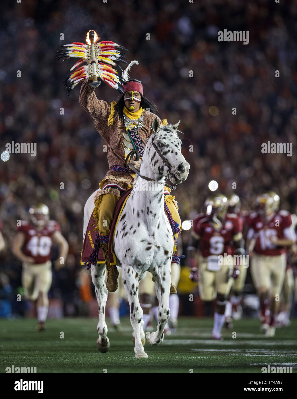 Der FSU Osceola auf Renegade führt der Florida State Seminoles auf das Feld vor dem BCS nationalen Titel Spiel im Rose Bowl in Pasadena, Kalifornien am 6. Januar 2014. UPI/Mark Wallheiser Stockfoto