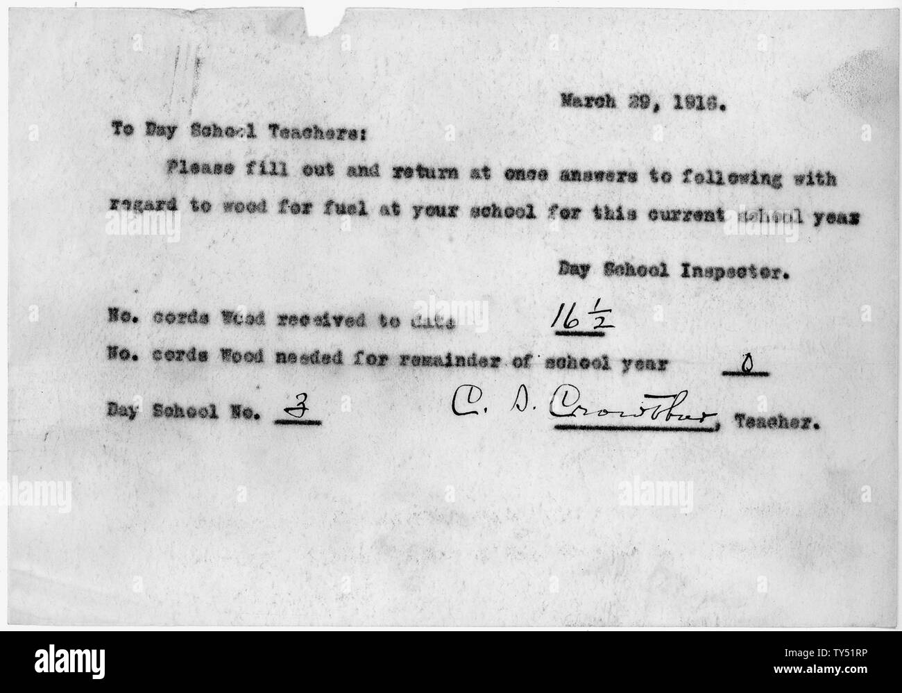 Der Bericht von C.A. Crowther, Lehrer, Tag der Schule Nummer 3. Stockfoto