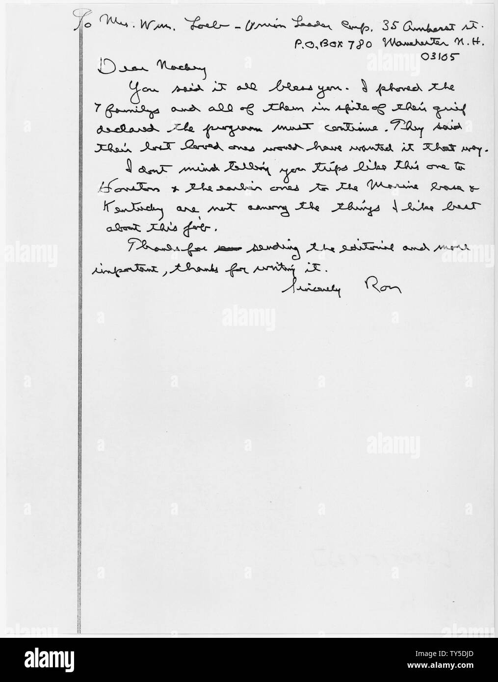 Handschriftlicher Entwurf von Ronald Reagan an Frau William Loeb, hinsichtlich der Space Shuttle Challenger Unfall; Umfang und Inhalt: Ronald Reagans handschriftlichen Entwurf des Schreibens, das auf Reagan Bekanntschaft Loeb gesendet wurde, bezüglich der Space Shuttle Challenger Unfall. Allgemeine Hinweise: Frau Loeb war die Frau des Herausgebers der Manchester, New Hampshire Union Leader. Stockfoto