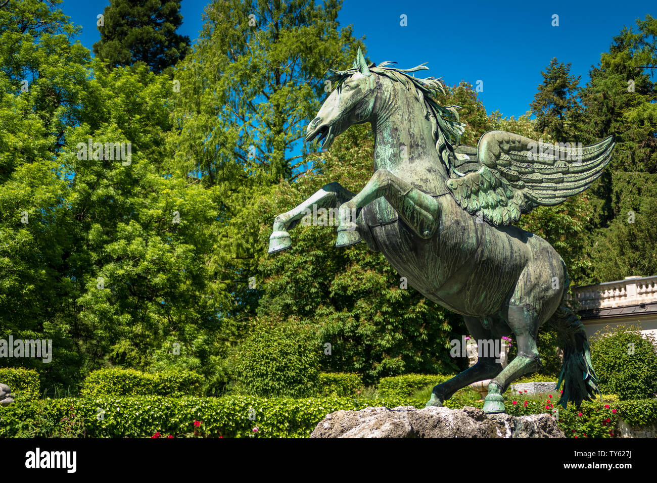 Schöne Bronzestatue von Pegasus im Mirabellgarten, Salzburg Stockfoto