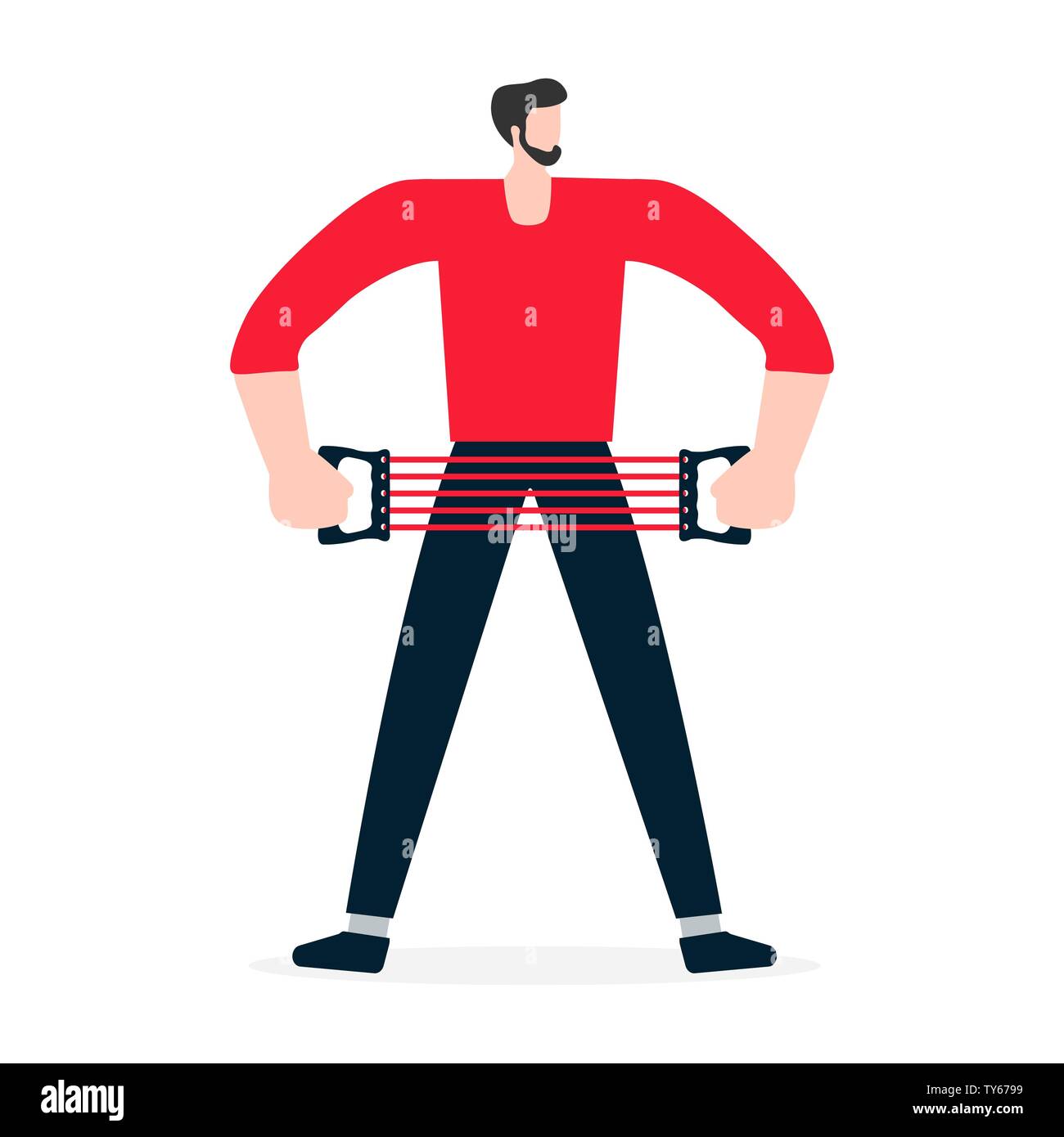 Vector Illustration mit Mann und Brust Expander Training. Sport. Fitness. Training für Wellness, Aktivität. Gesunde Lebensweise. Design für App, Websites, Stock Vektor