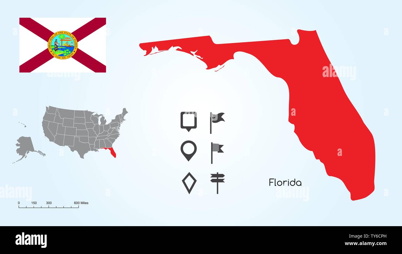 Karte der Vereinigten Staaten von Amerika mit dem ausgewählten Zustand von Florida und Florida Flagge mit Locator Collection. Stock Vektor